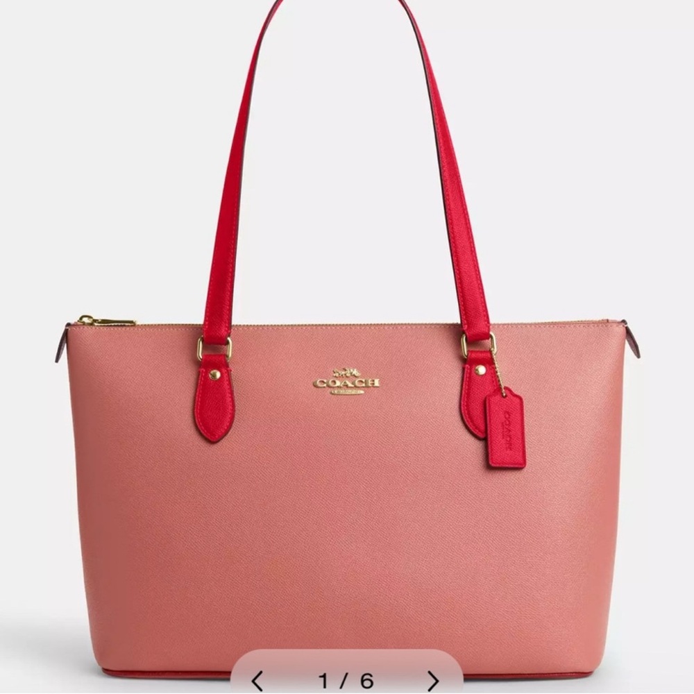 🧡Coach NWT Coral pink  Gallery Tote Bag with red strap and gold accents.🧡 - Picture 5 of 6